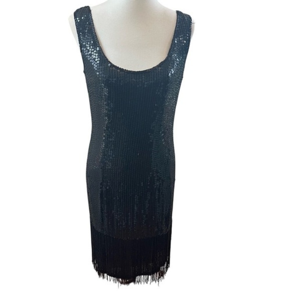Lois Carole's Ltd Vintage Black Sequin Fringe Low Back Dress Size M 8-10